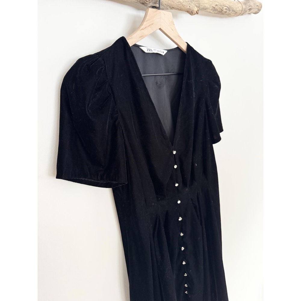 ZARA Black Velvet Puff Sleeve Button Front Mini Dress Womens XS